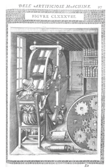 The "Reading Wheel" consisted of a rotating wooden wheel with several stands in which books could be placed and rotated, granting the reader a non-linear reading experience. Presented by Agostino Ramelli in his book, Le diverse et artificiose machine (Paris, 1588), found in Shakespeare and Technology by A. Cohen (2016), p. 29.